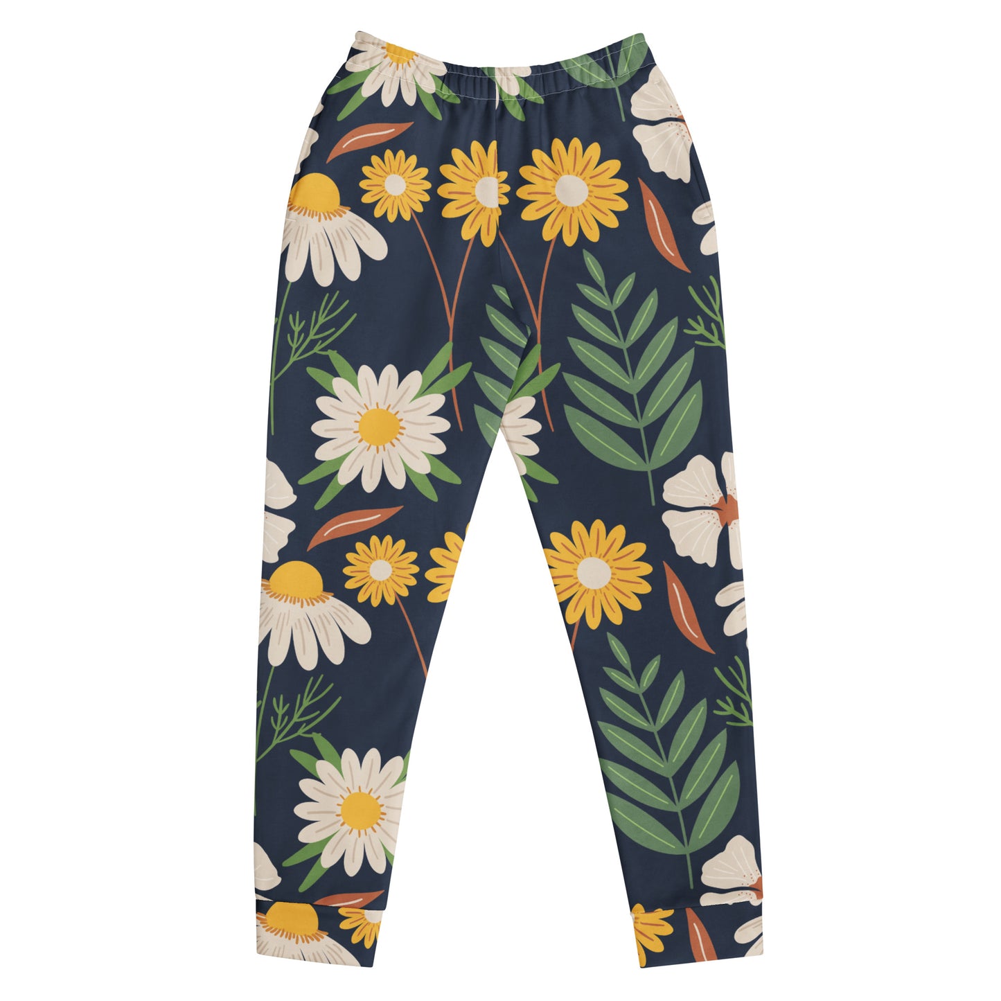 All over print spring garden joggers with a dark blue background filled with white and yellow flowers and green leaves
