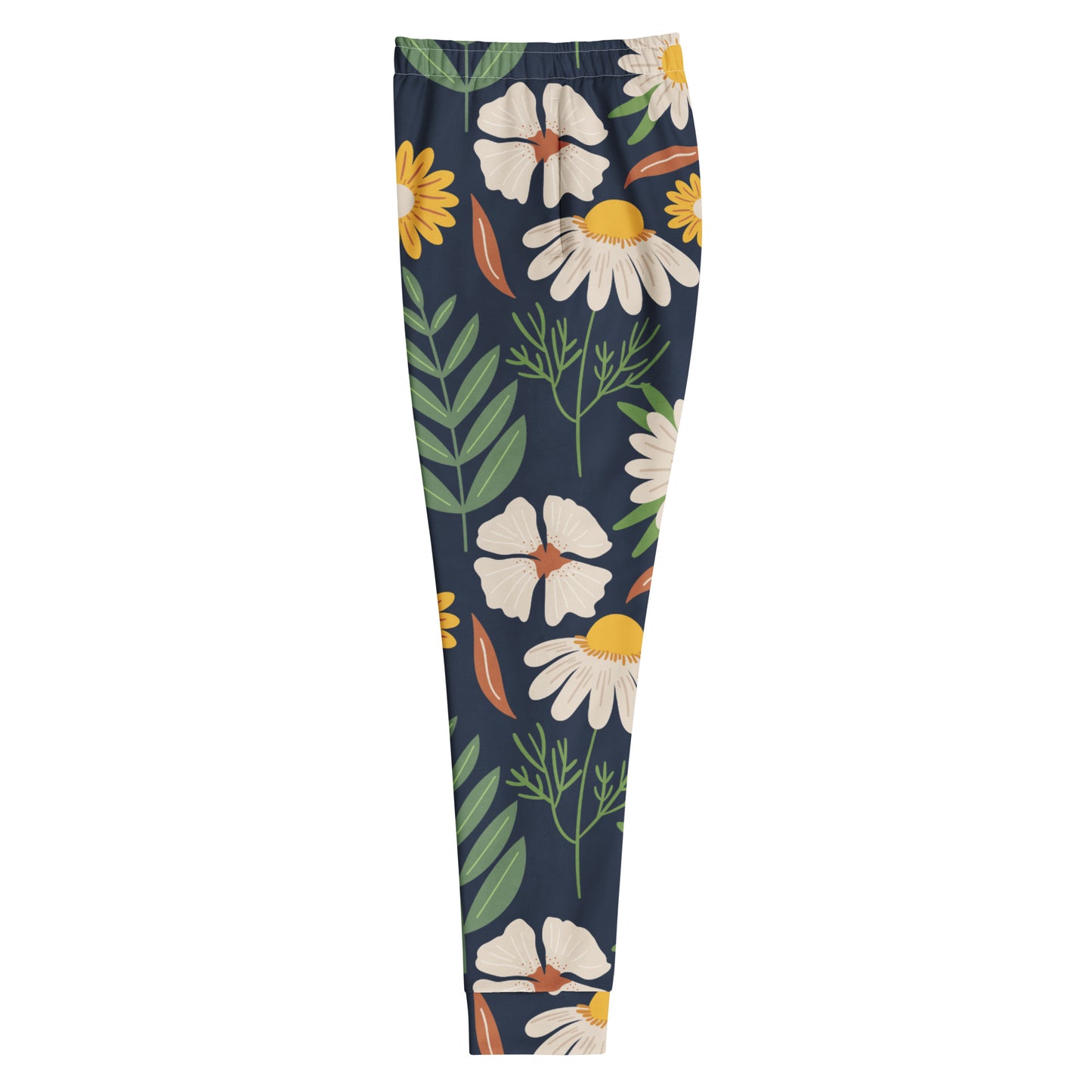 All over print spring garden joggers with a dark blue background filled with white and yellow flowers and green leaves