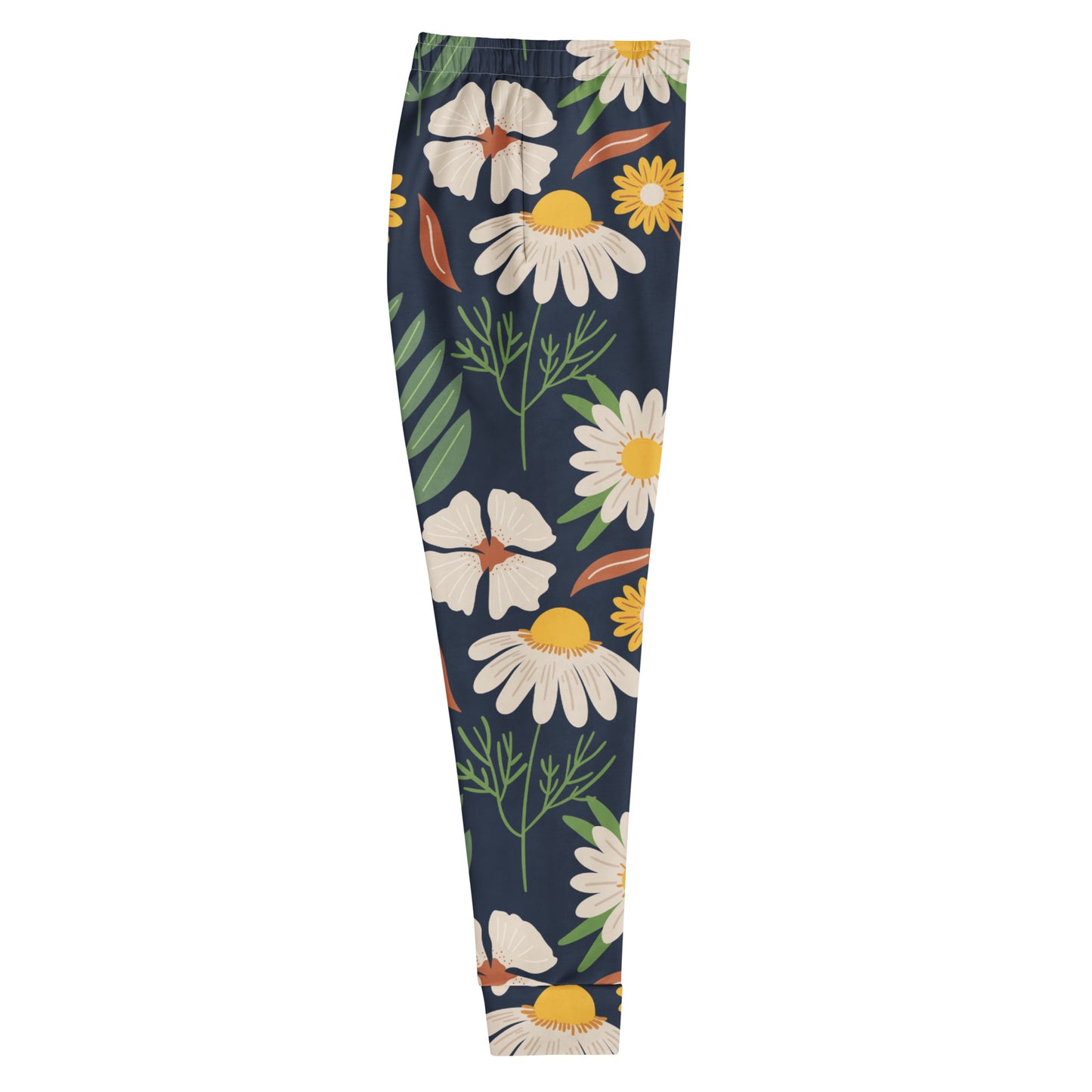 All over print spring garden joggers with a dark blue background filled with white and yellow flowers and green leaves