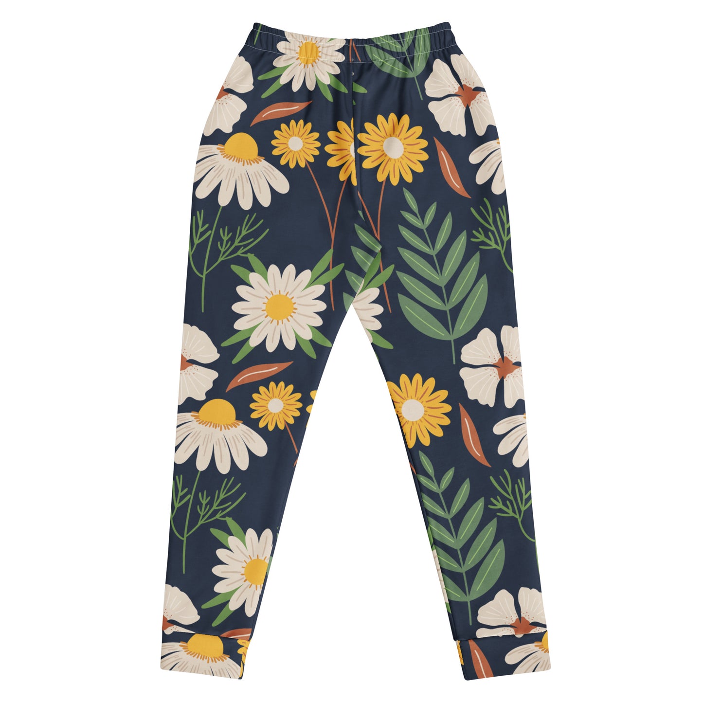 All over print spring garden joggers with a dark blue background filled with white and yellow flowers and green leaves