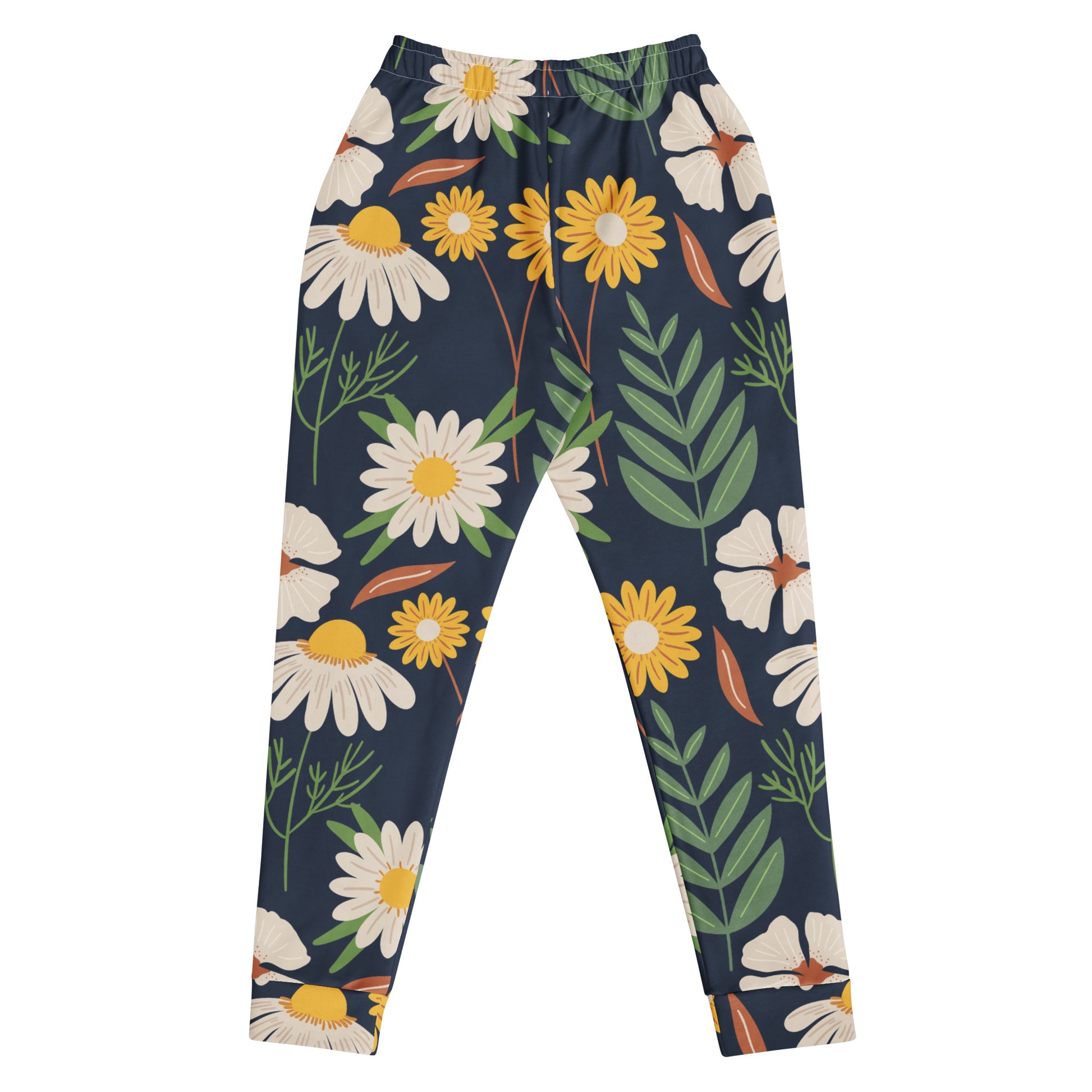 All over print spring garden joggers with a dark blue background filled with white and yellow flowers and green leaves